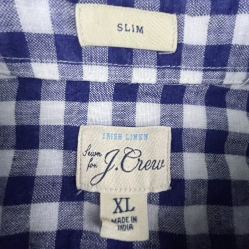 J.Crew Baird McNutt Irish Linen Shirt Men XL Blue White Plaid Button Long Sleeve